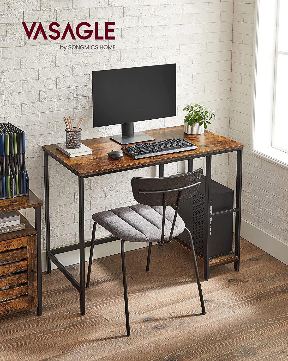 Desk Computer Desk PC Desk Office Table with 2 Shelves on Right or Left Side for Office Living Room Steel Frame Industrial Design Vintage Brown/Black