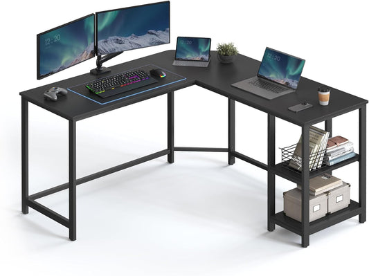 Computer Desk, L-Shaped Corner Desk, 138 x 138 x 76 cm, Gaming Desk, Workstation with 2 Storage Shelves for Home Office, Space-Saving, Easy to Assemble, Black with Wood Grain