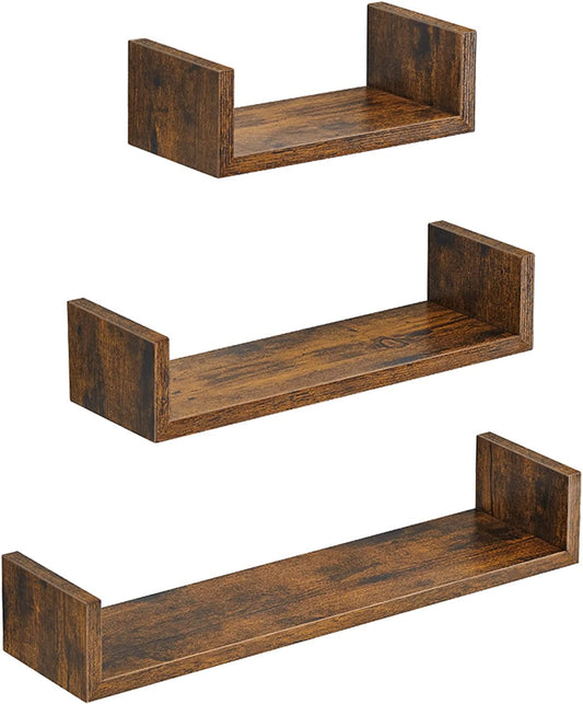 LWS066T01 Set of 3 Floating Shelves 30/45/60 cm Wall Mounted Shelves 10 kg Load Capacity for Living Room, Study, Bathroom, Kitchen, Vintage Brown