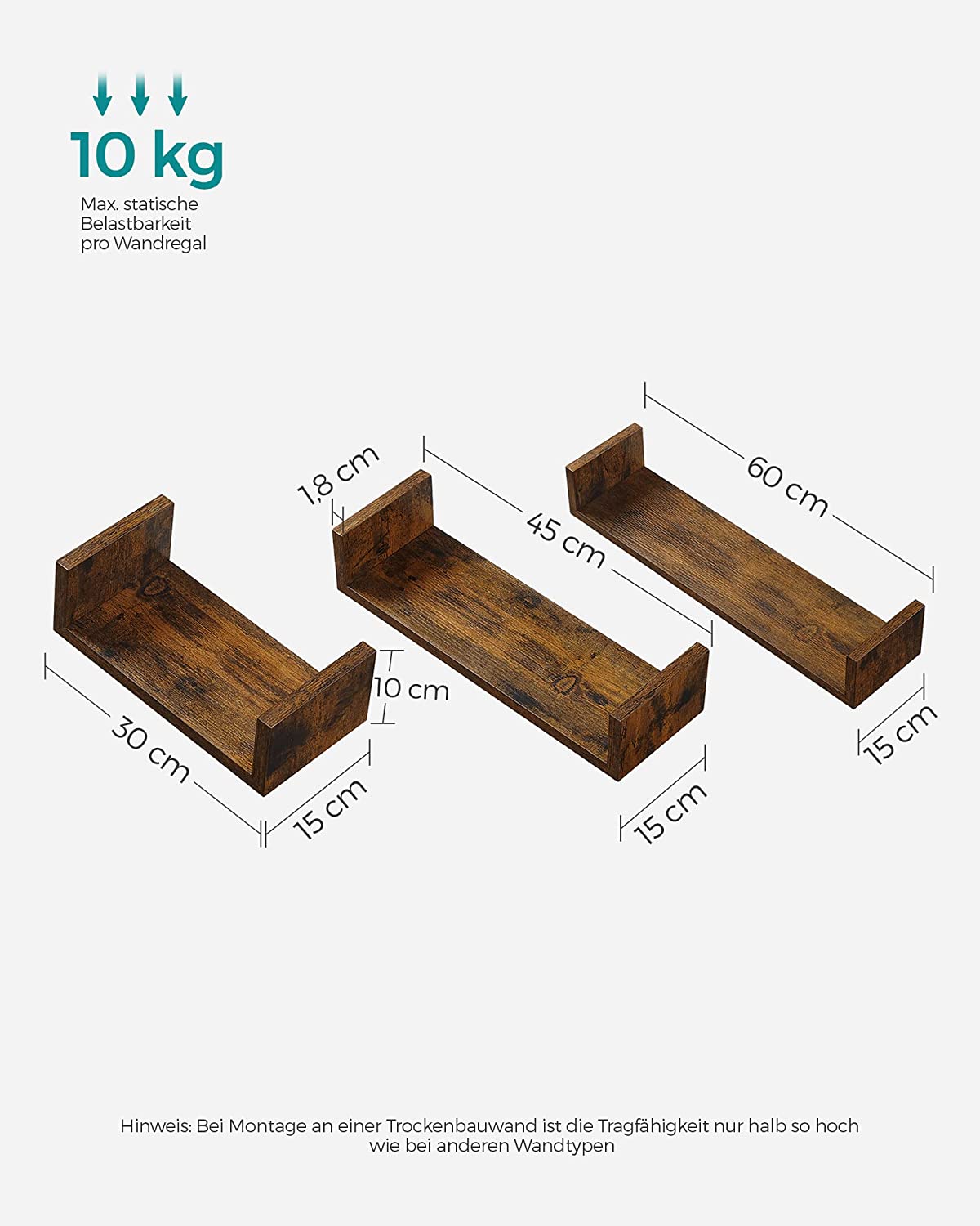 LWS066T01 Set of 3 Floating Shelves 30/45/60 cm Wall Mounted Shelves 10 kg Load Capacity for Living Room, Study, Bathroom, Kitchen, Vintage Brown