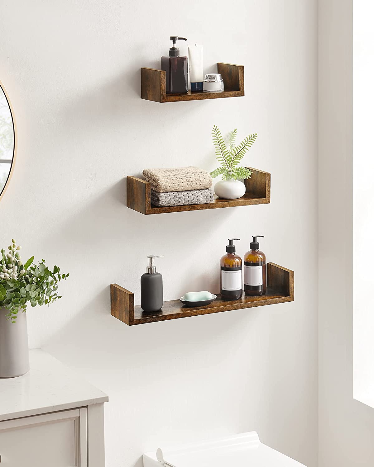 LWS066T01 Set of 3 Floating Shelves 30/45/60 cm Wall Mounted Shelves 10 kg Load Capacity for Living Room, Study, Bathroom, Kitchen, Vintage Brown