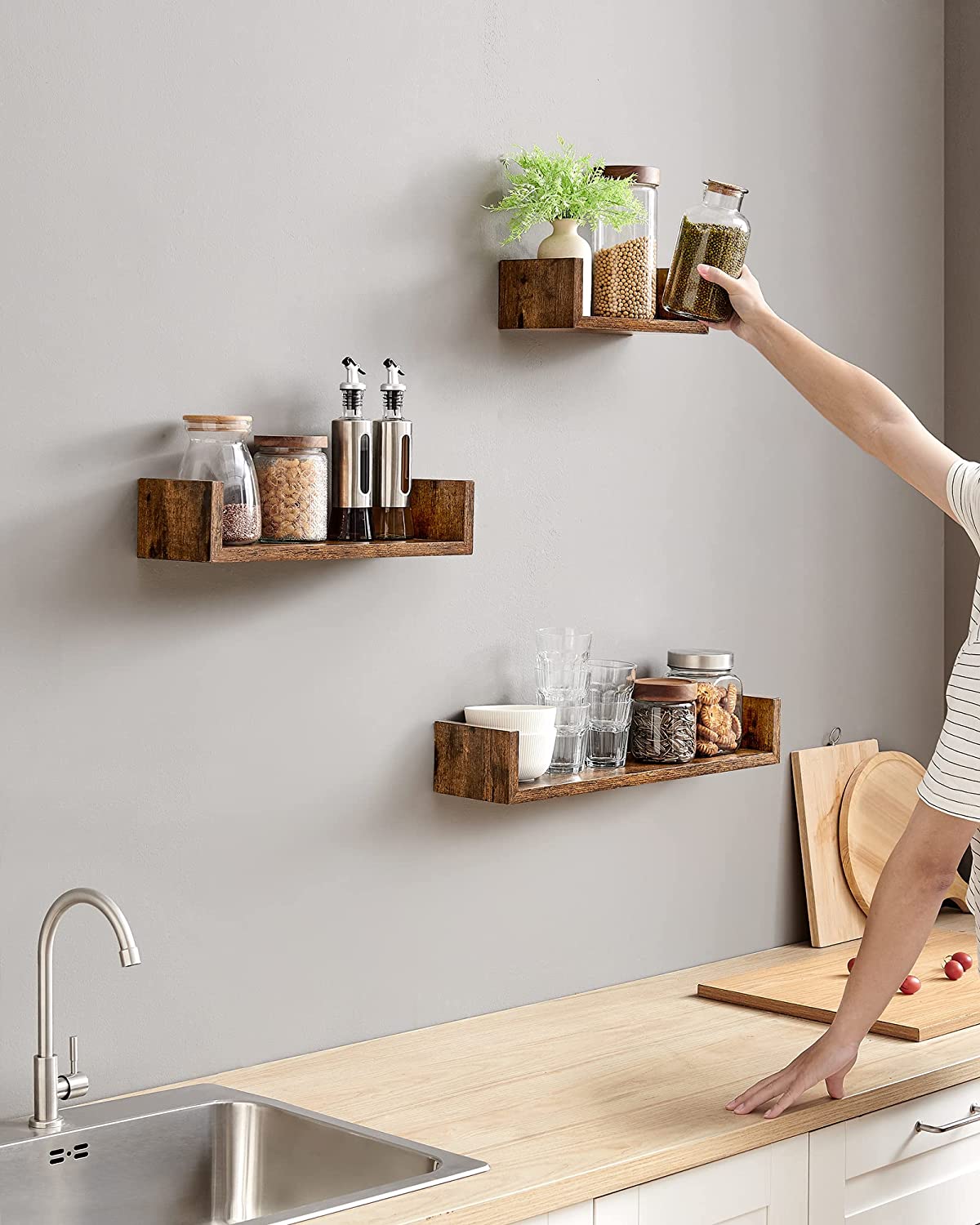 LWS066T01 Set of 3 Floating Shelves 30/45/60 cm Wall Mounted Shelves 10 kg Load Capacity for Living Room, Study, Bathroom, Kitchen, Vintage Brown