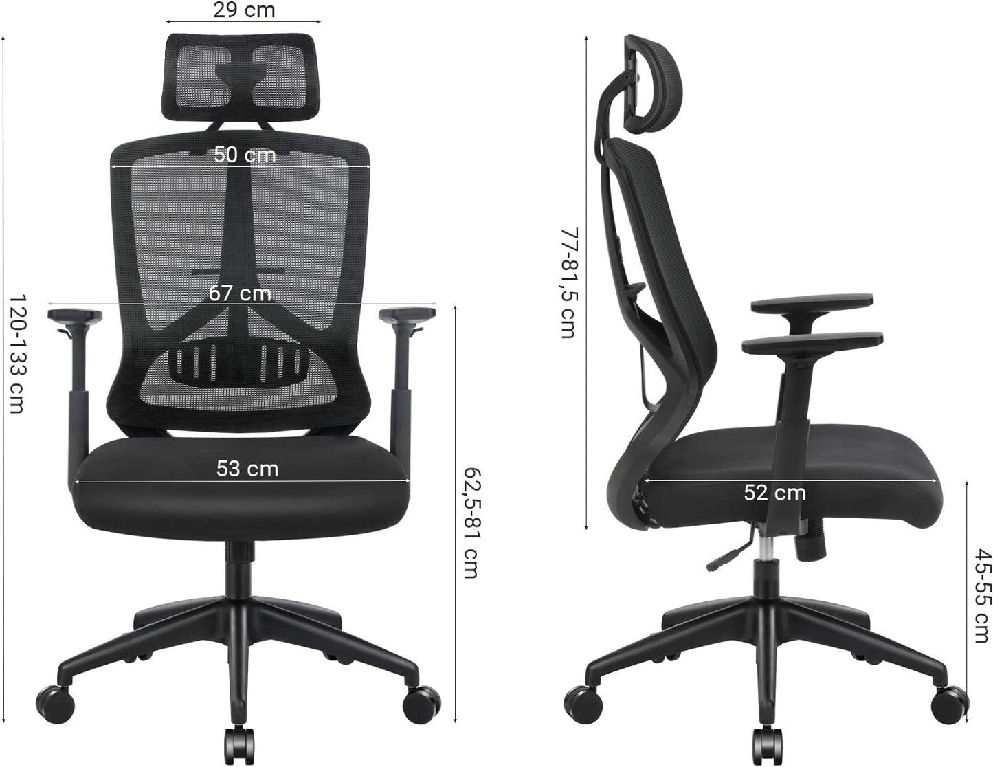 Ergonomic Office and Desk Chair with Lumbar Support, Swivel Computer Chair with Adjustable Headrest and Armrests, Rocker Function, and Height Adjustment, Black