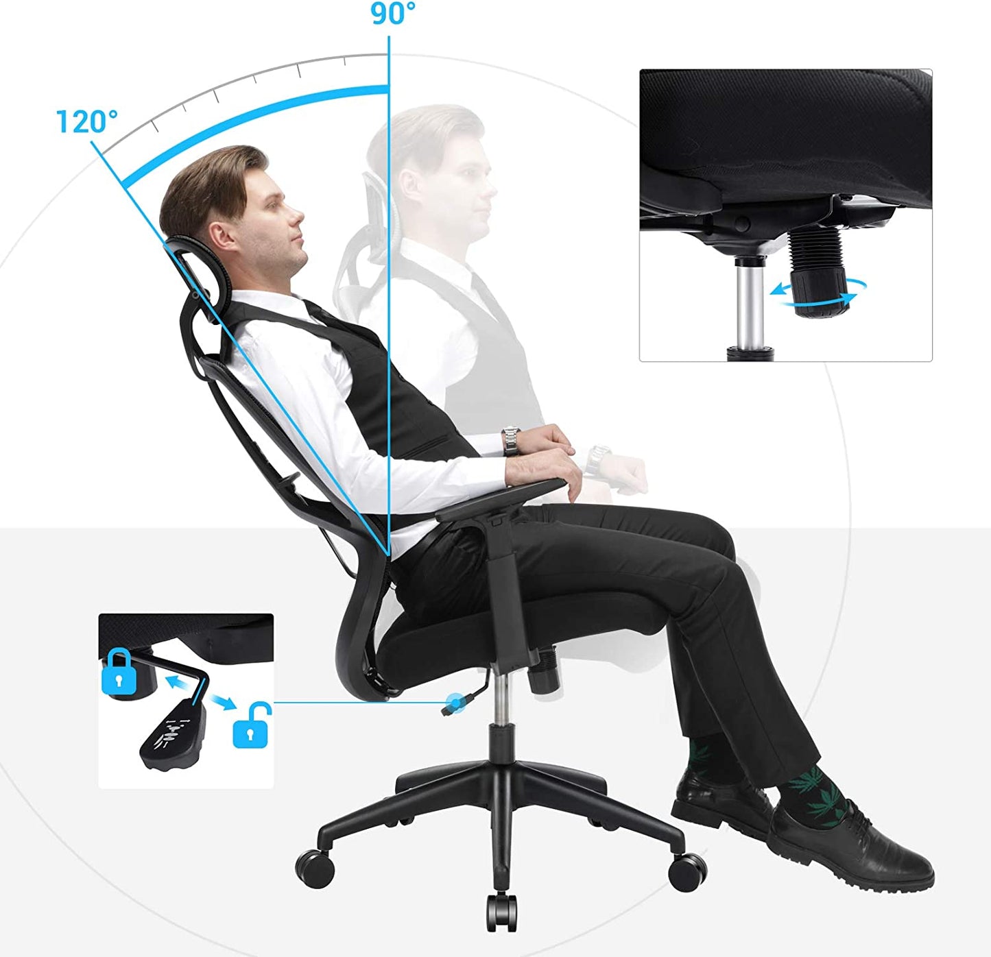 Ergonomic Office and Desk Chair with Lumbar Support, Swivel Computer Chair with Adjustable Headrest and Armrests, Rocker Function, and Height Adjustment, Black