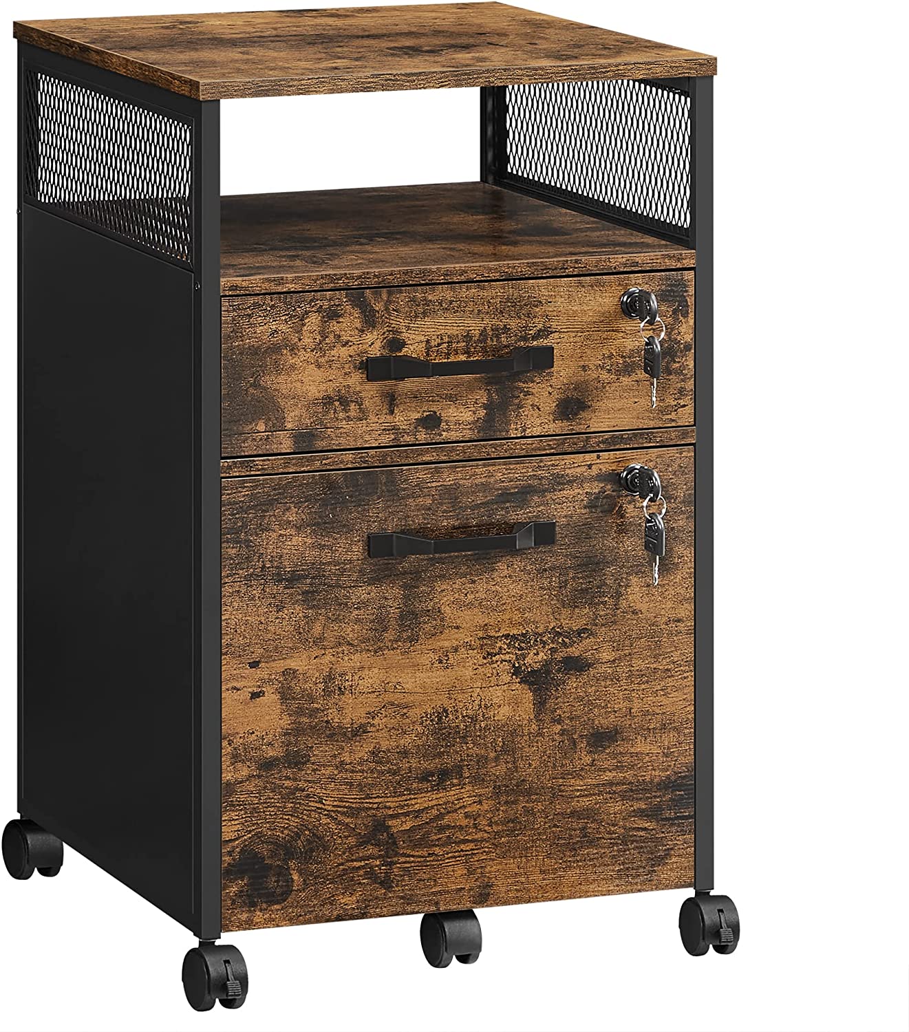 Filing Cabinet Office File Cabinet with 2 Lockable Drawers, Wheels, Open Shelf for Hanging Files, Steel Frame, Industrial Style, Rustic Brown and Black