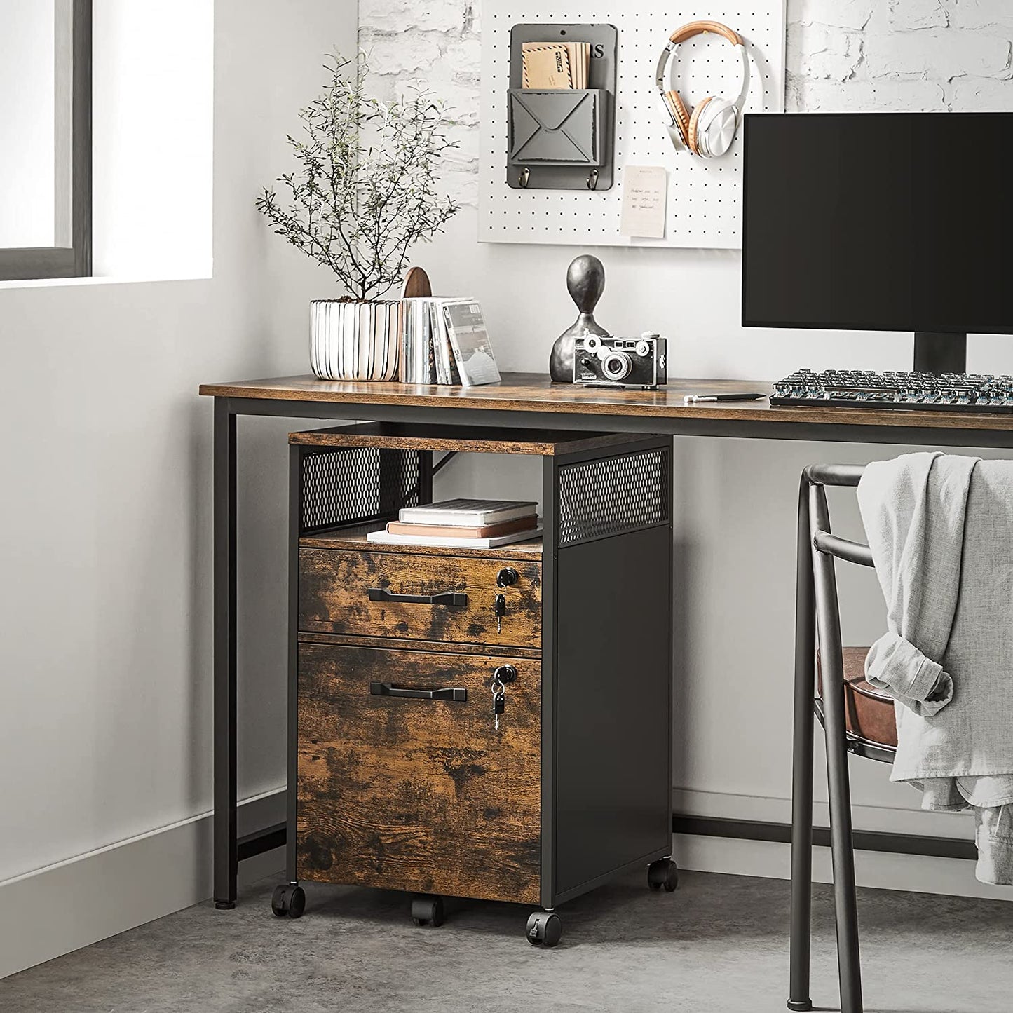 Filing Cabinet Office File Cabinet with 2 Lockable Drawers, Wheels, Open Shelf for Hanging Files, Steel Frame, Industrial Style, Rustic Brown and Black