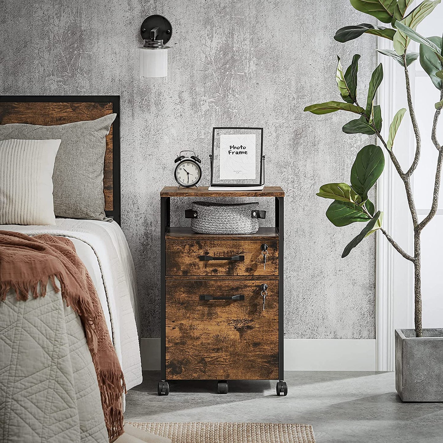 Filing Cabinet Office File Cabinet with 2 Lockable Drawers, Wheels, Open Shelf for Hanging Files, Steel Frame, Industrial Style, Rustic Brown and Black