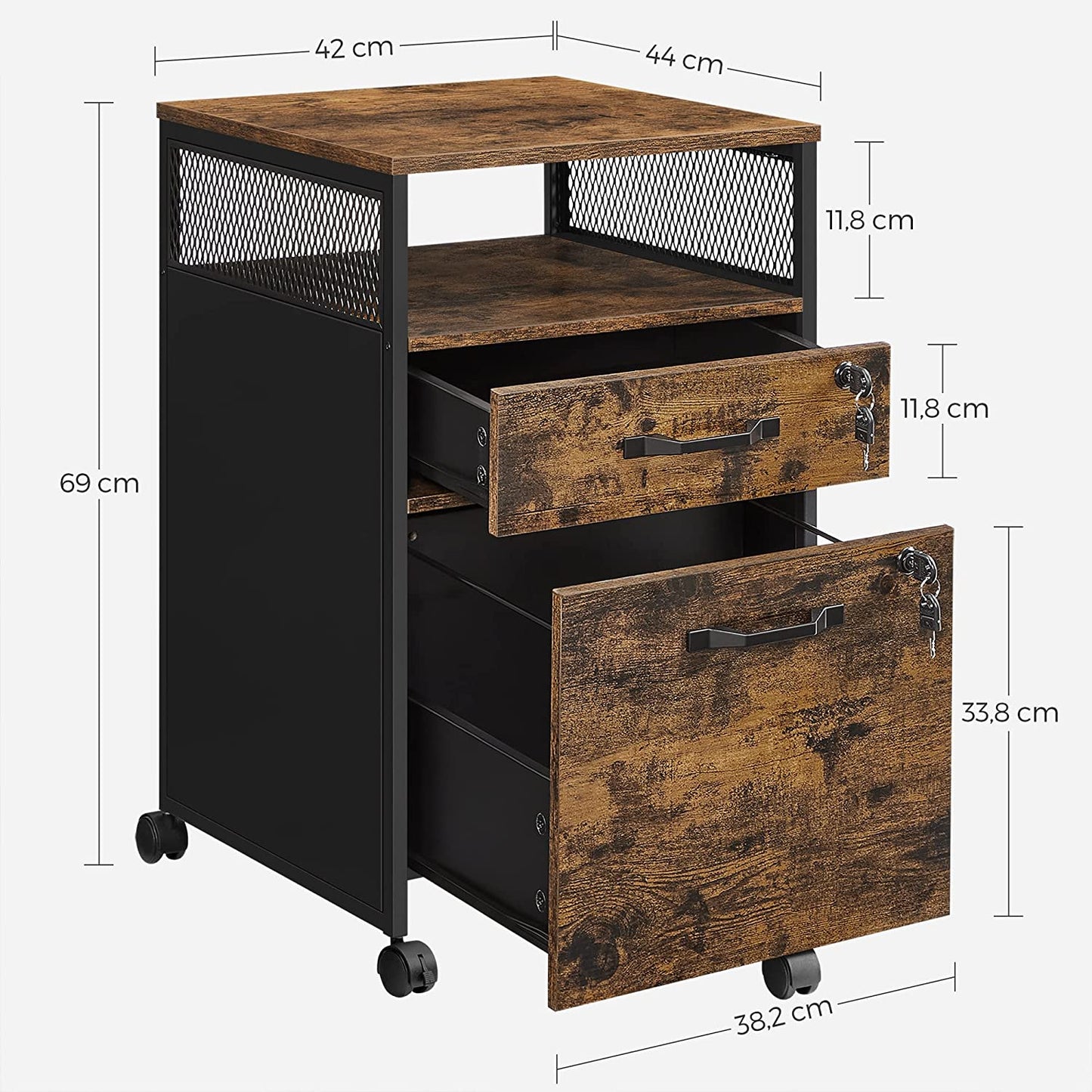 Filing Cabinet Office File Cabinet with 2 Lockable Drawers, Wheels, Open Shelf for Hanging Files, Steel Frame, Industrial Style, Rustic Brown and Black