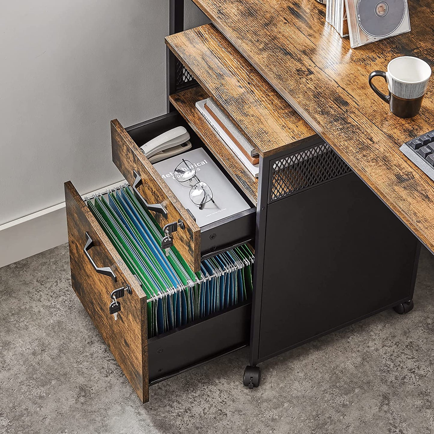 Filing Cabinet Office File Cabinet with 2 Lockable Drawers, Wheels, Open Shelf for Hanging Files, Steel Frame, Industrial Style, Rustic Brown and Black