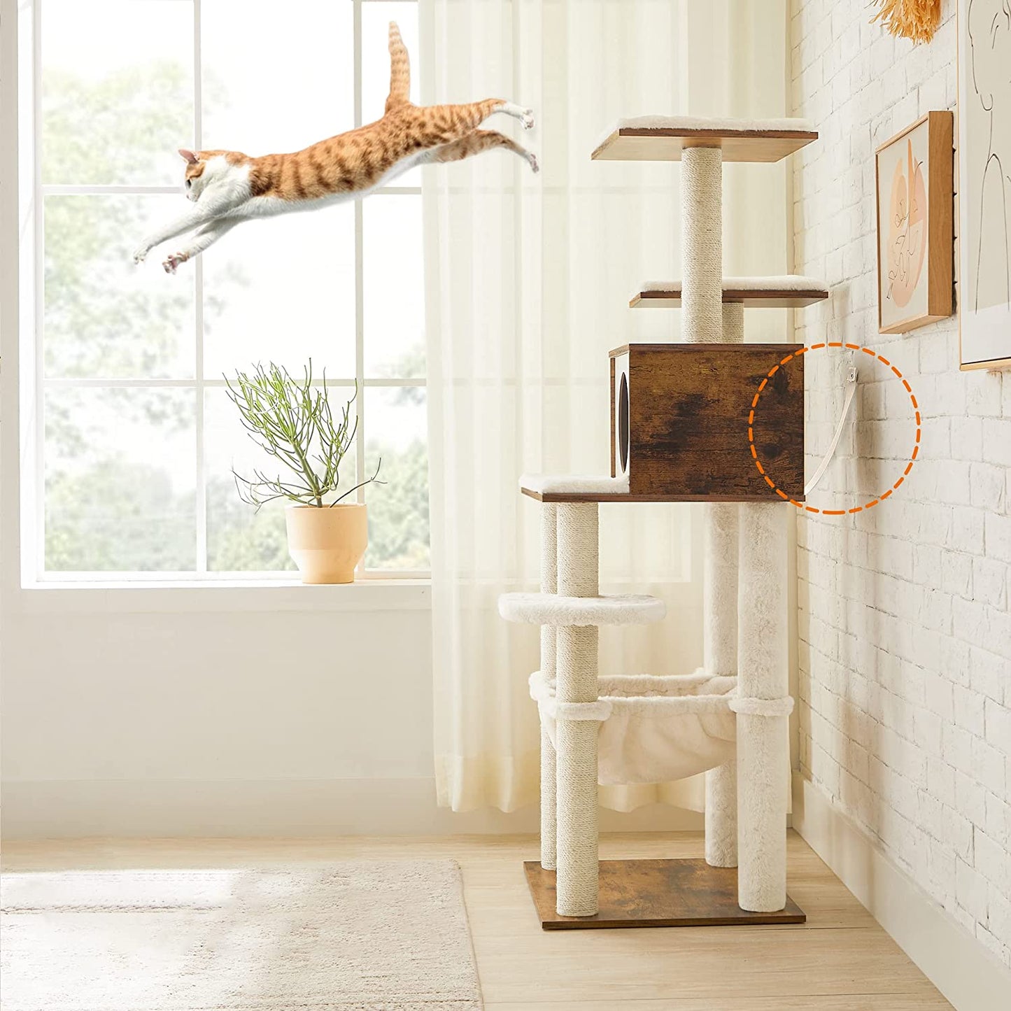 Cat Scratching Post 138 cm Modern Cat Furniture Multi-Tier Cat Scratching Post Cuddly Cave Sisal Posts Hammock Platforms Soft Plush Washable Cushions Vintage Brown