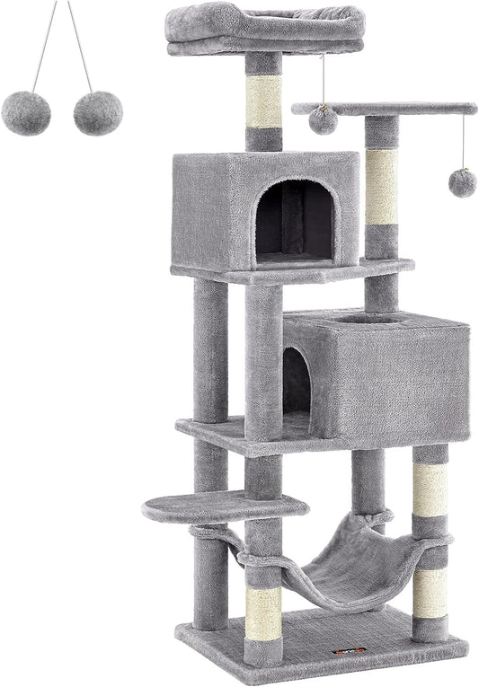 Feandrea Cat Tree, 155 cm Cat Tower for Indoor Cats, Plush Multi-Level Cat Condo with 5 Scratching Posts, 2 Caves, Hammock, 2 Pompoms, Light Grey