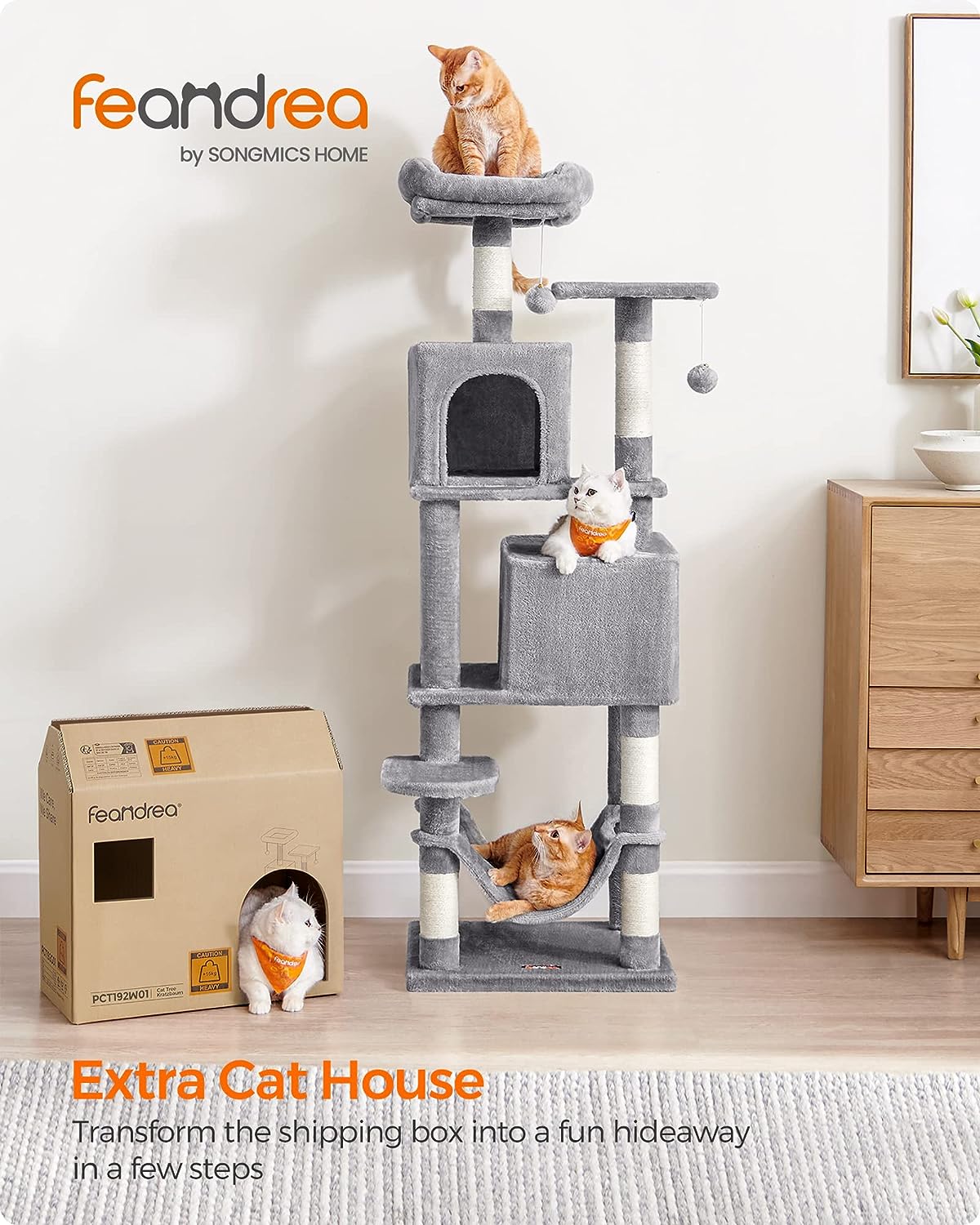 Feandrea Cat Tree, 155 cm Cat Tower for Indoor Cats, Plush Multi-Level Cat Condo with 5 Scratching Posts, 2 Caves, Hammock, 2 Pompoms, Light Grey