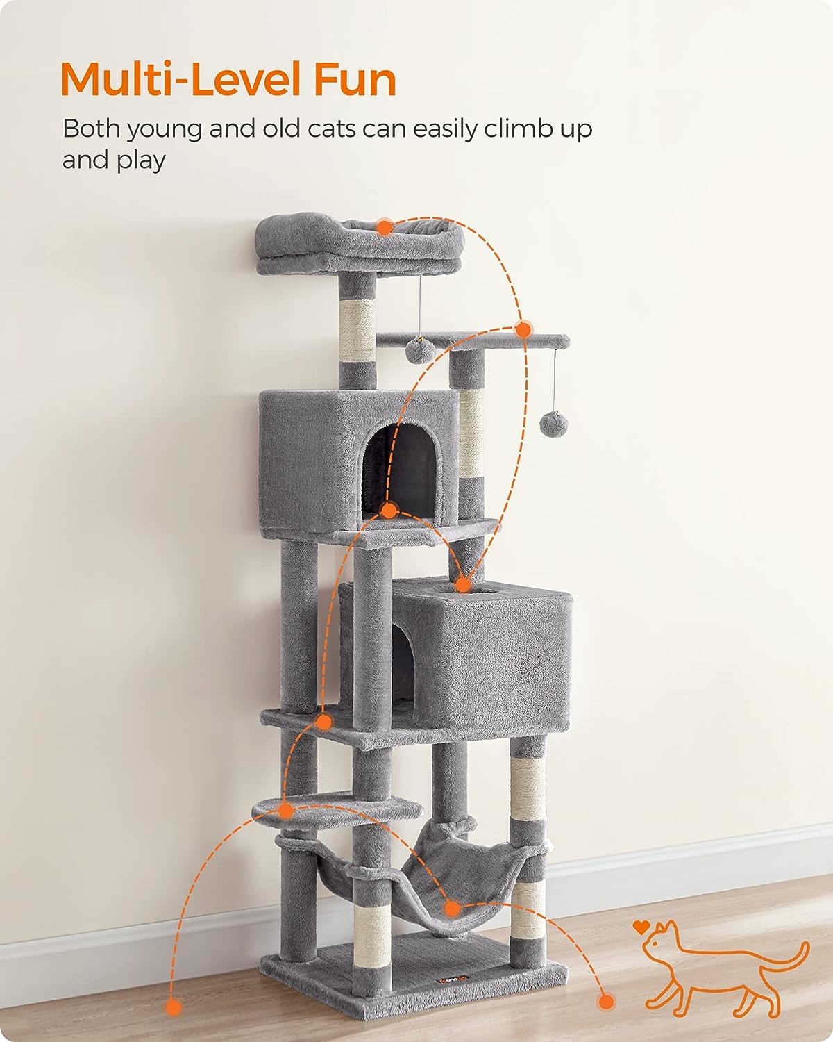 Feandrea Cat Tree, 155 cm Cat Tower for Indoor Cats, Plush Multi-Level Cat Condo with 5 Scratching Posts, 2 Caves, Hammock, 2 Pompoms, Light Grey