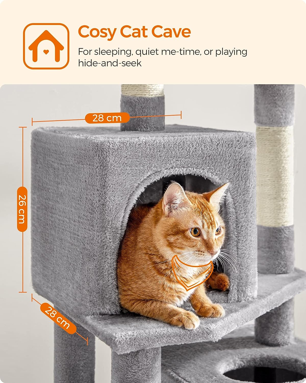 Feandrea Cat Tree, 155 cm Cat Tower for Indoor Cats, Plush Multi-Level Cat Condo with 5 Scratching Posts, 2 Caves, Hammock, 2 Pompoms, Light Grey