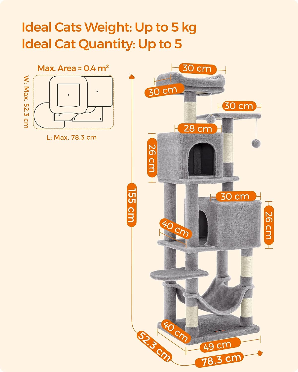 Feandrea Cat Tree, 155 cm Cat Tower for Indoor Cats, Plush Multi-Level Cat Condo with 5 Scratching Posts, 2 Caves, Hammock, 2 Pompoms, Light Grey