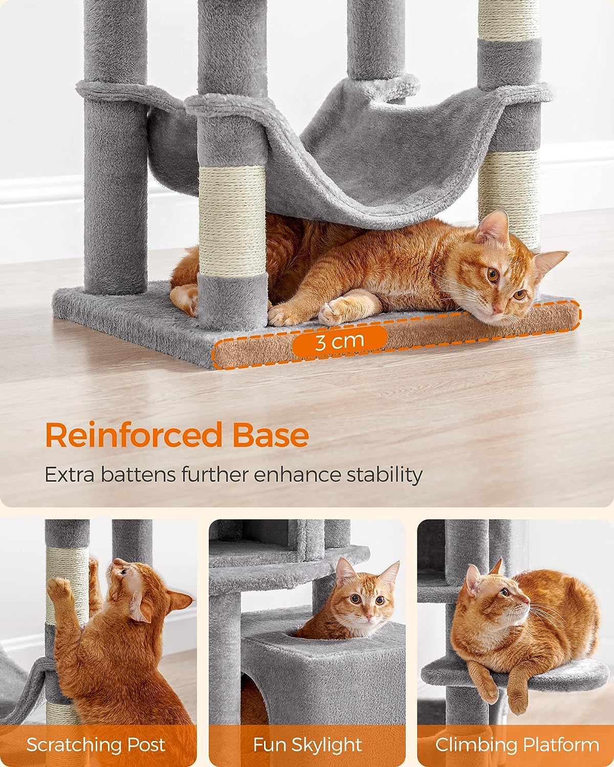 Feandrea Cat Tree, 155 cm Cat Tower for Indoor Cats, Plush Multi-Level Cat Condo with 5 Scratching Posts, 2 Caves, Hammock, 2 Pompoms, Light Grey