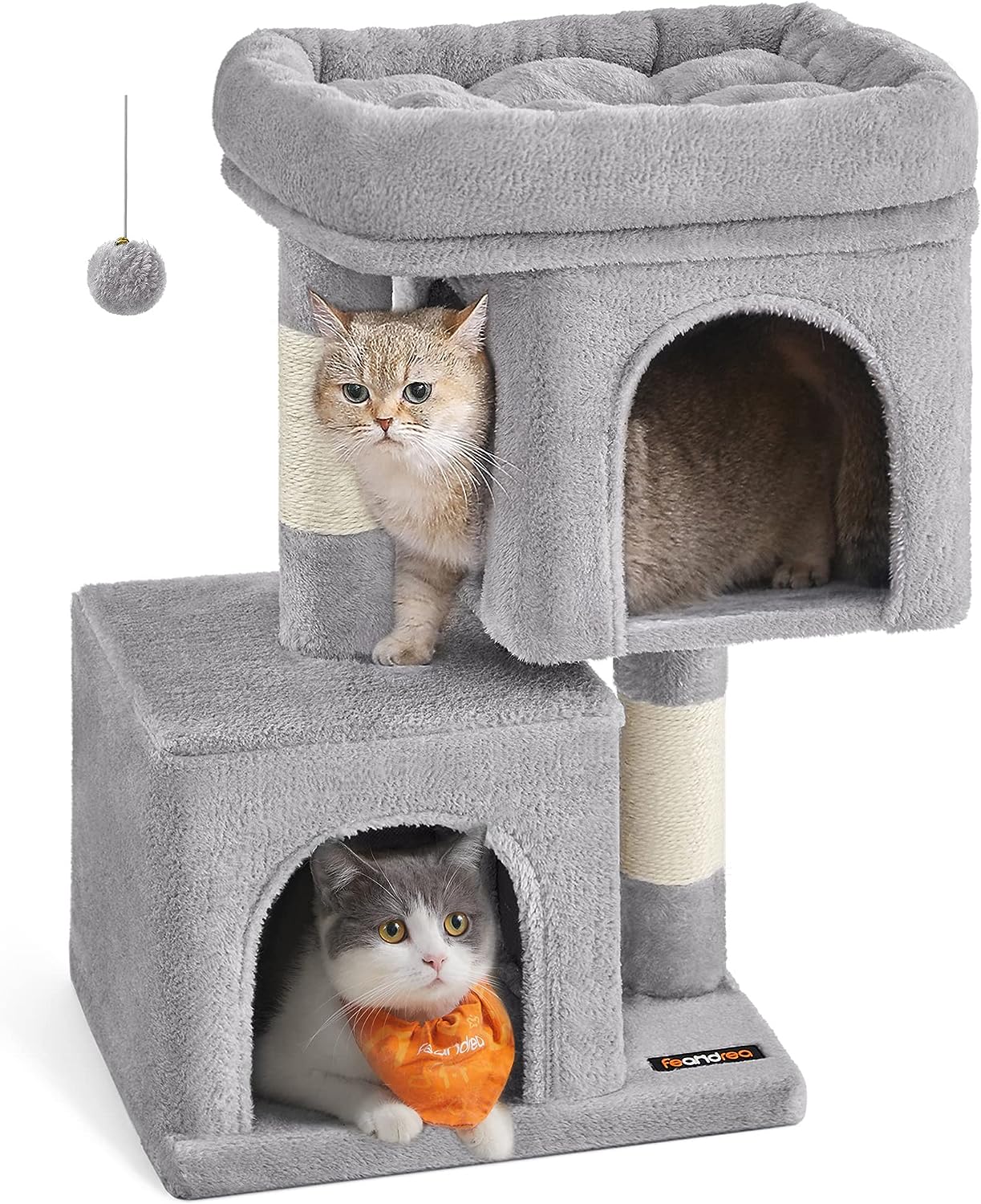 Feandrea Cat Tree, 67 cm Cat Tower, S, Cat Condo for Kittens up to 3 kg, Large Cat Perch, 2 Cat Caves, Scratching Post, Light Grey