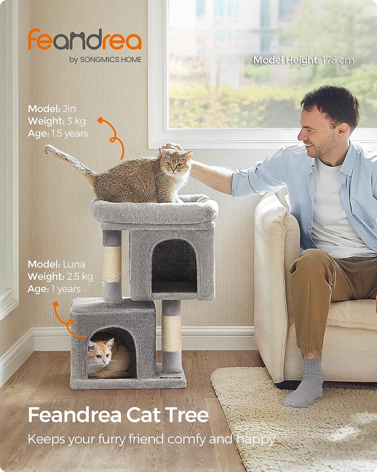 Feandrea Cat Tree, 67 cm Cat Tower, S, Cat Condo for Kittens up to 3 kg, Large Cat Perch, 2 Cat Caves, Scratching Post, Light Grey