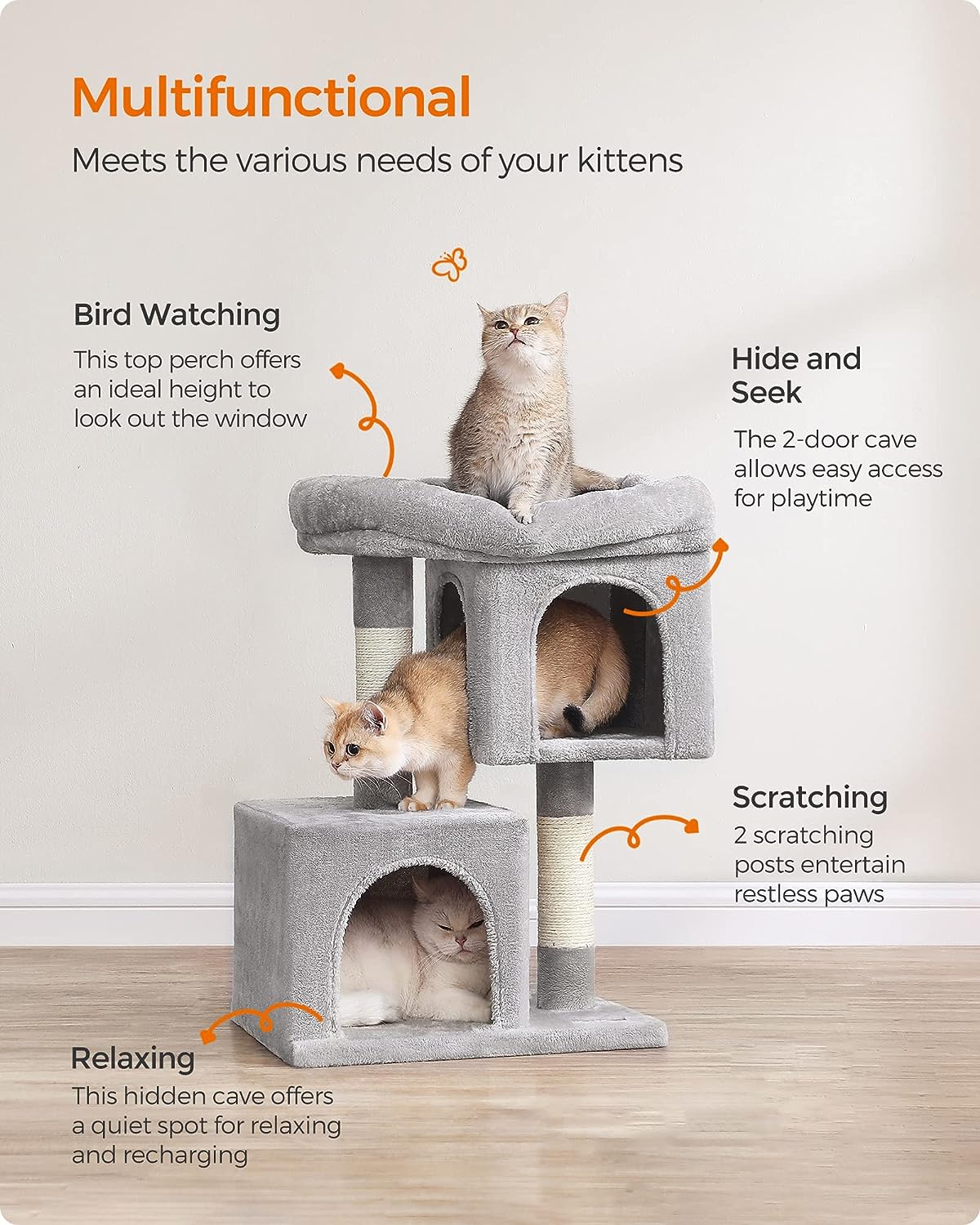 Feandrea Cat Tree, 67 cm Cat Tower, S, Cat Condo for Kittens up to 3 kg, Large Cat Perch, 2 Cat Caves, Scratching Post, Light Grey