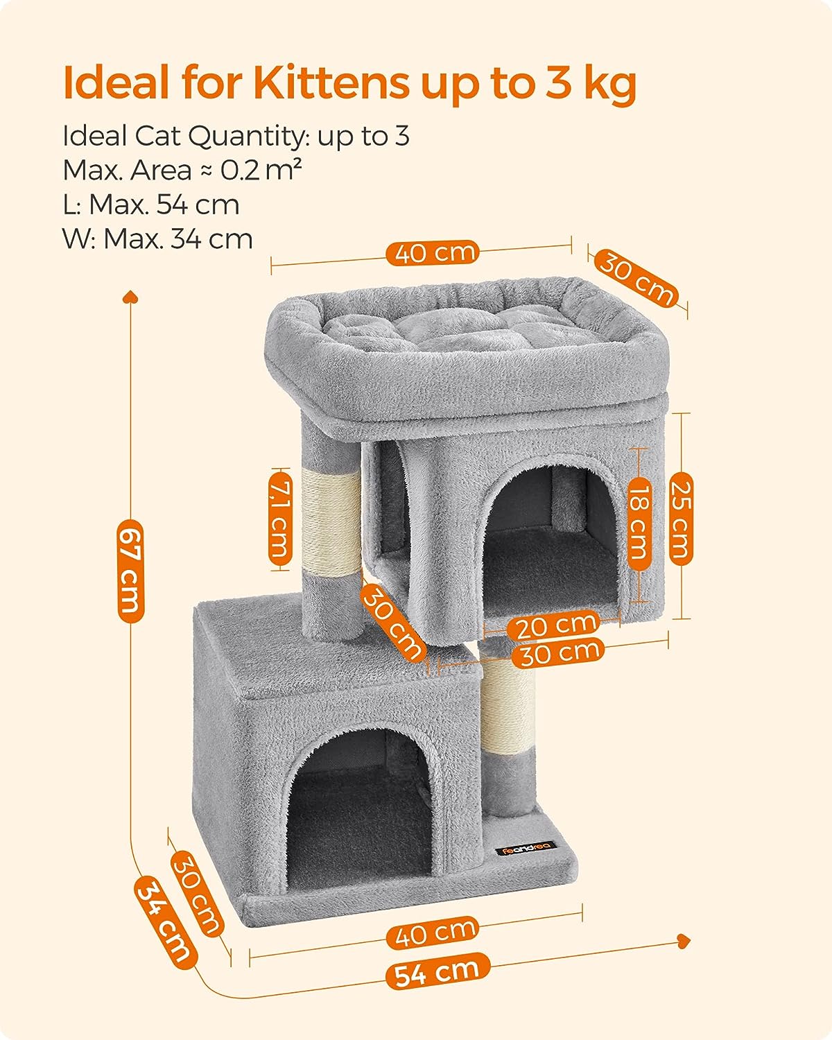 Feandrea Cat Tree, 67 cm Cat Tower, S, Cat Condo for Kittens up to 3 kg, Large Cat Perch, 2 Cat Caves, Scratching Post, Light Grey