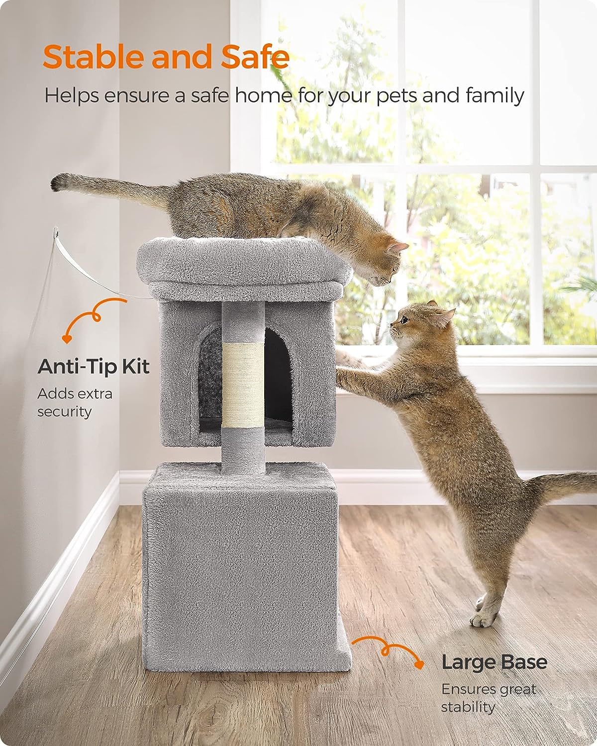 Feandrea Cat Tree, 67 cm Cat Tower, S, Cat Condo for Kittens up to 3 kg, Large Cat Perch, 2 Cat Caves, Scratching Post, Light Grey