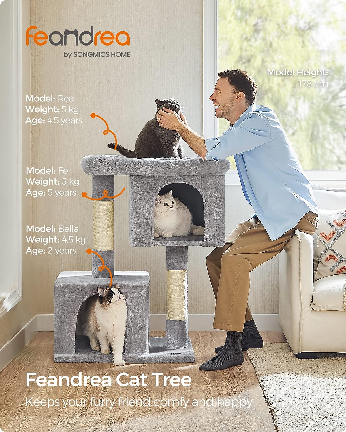 Feandrea Cat Tree, 101 cm Cat Tower, XL, Cat Condo for Extra Large Cats up to 20 kg, Large Cat Perch, 2 Cat Caves, Scratching Post, Light Grey