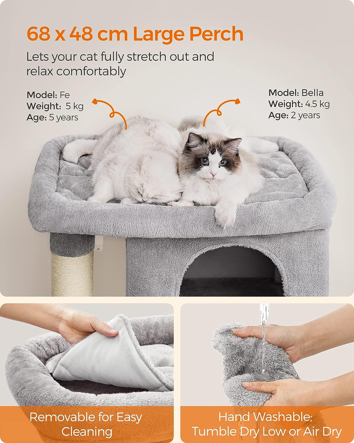 Feandrea Cat Tree, 101 cm Cat Tower, XL, Cat Condo for Extra Large Cats up to 20 kg, Large Cat Perch, 2 Cat Caves, Scratching Post, Light Grey