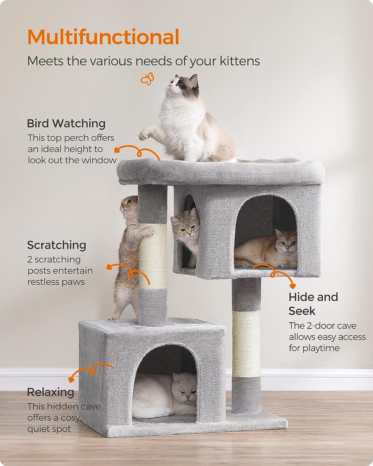 Feandrea Cat Tree, 101 cm Cat Tower, XL, Cat Condo for Extra Large Cats up to 20 kg, Large Cat Perch, 2 Cat Caves, Scratching Post, Light Grey