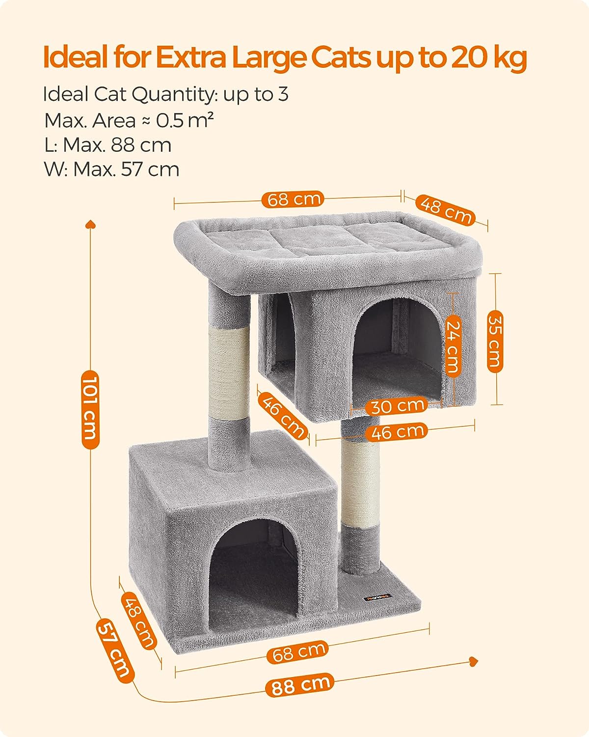 Feandrea Cat Tree, 101 cm Cat Tower, XL, Cat Condo for Extra Large Cats up to 20 kg, Large Cat Perch, 2 Cat Caves, Scratching Post, Light Grey