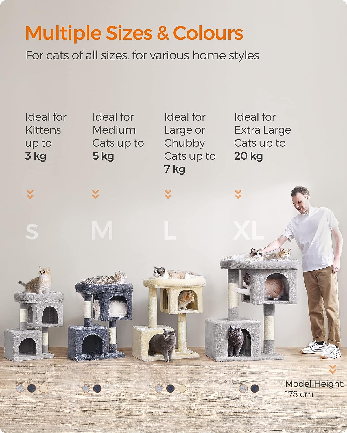 Feandrea Cat Tree, 101 cm Cat Tower, XL, Cat Condo for Extra Large Cats up to 20 kg, Large Cat Perch, 2 Cat Caves, Scratching Post, Light Grey