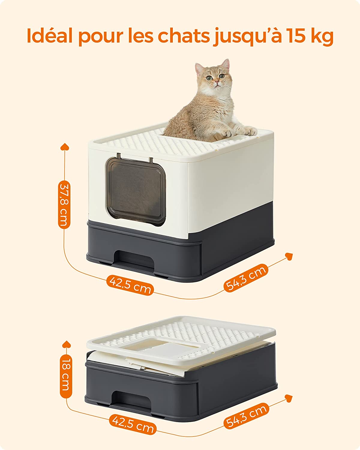 Feandrea Closed Litter Box for Cats, Toilet House, Removable Tray, Shovel, Brush, for Large Cats, Load Capacity 15 kg, Anti-Mark, Anti-Leakage, Beige and Black