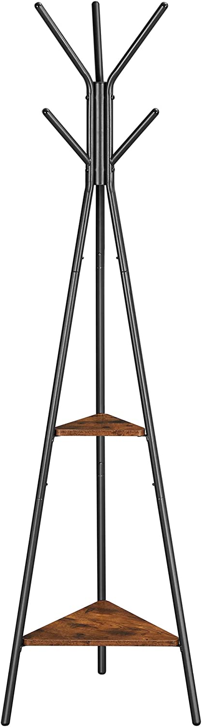 Coat Rack Freestanding, Coat Hanger Stand, Hall Tree with 2 Shelves, for Clothes, Hat, Bag, Industrial Style, Rustic Brown and Black