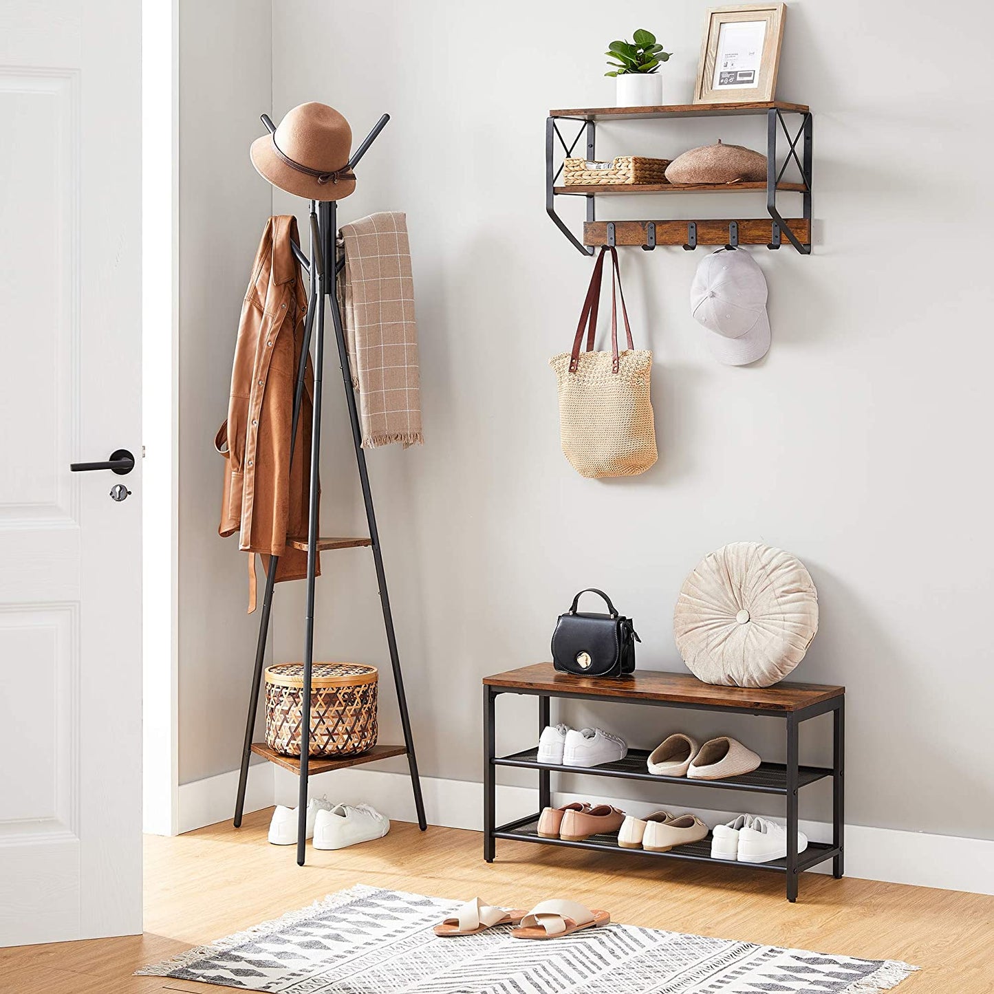 Coat Rack Freestanding, Coat Hanger Stand, Hall Tree with 2 Shelves, for Clothes, Hat, Bag, Industrial Style, Rustic Brown and Black