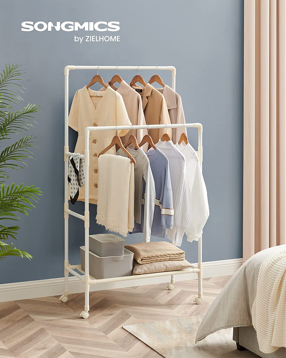 Metal Clothes Rack with 2 Clothes Rails, 1 Shelf, 4 Wheels, Maximum Load 55 kg, Easy Assembly, White