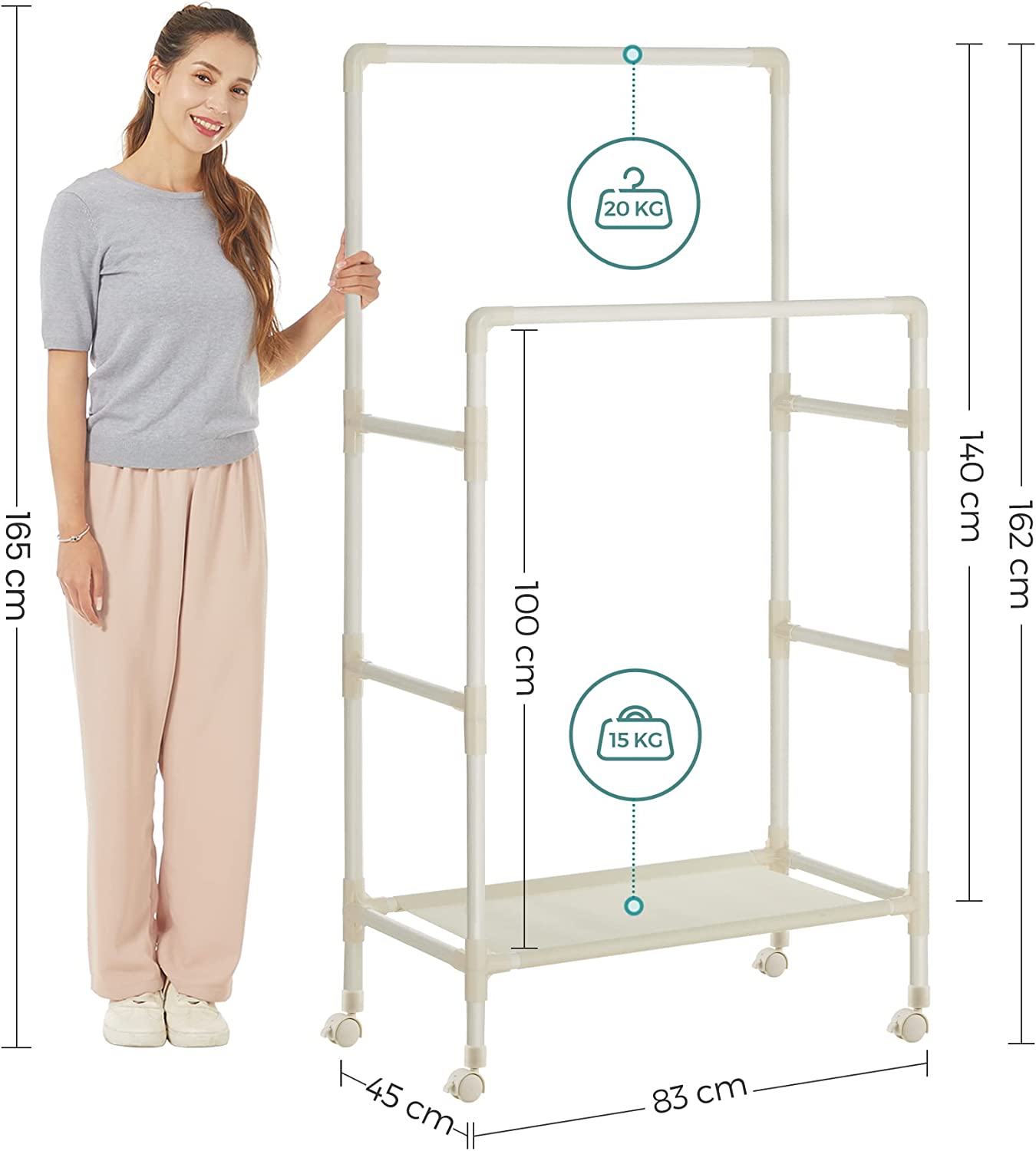 Metal Clothes Rack with 2 Clothes Rails, 1 Shelf, 4 Wheels, Maximum Load 55 kg, Easy Assembly, White