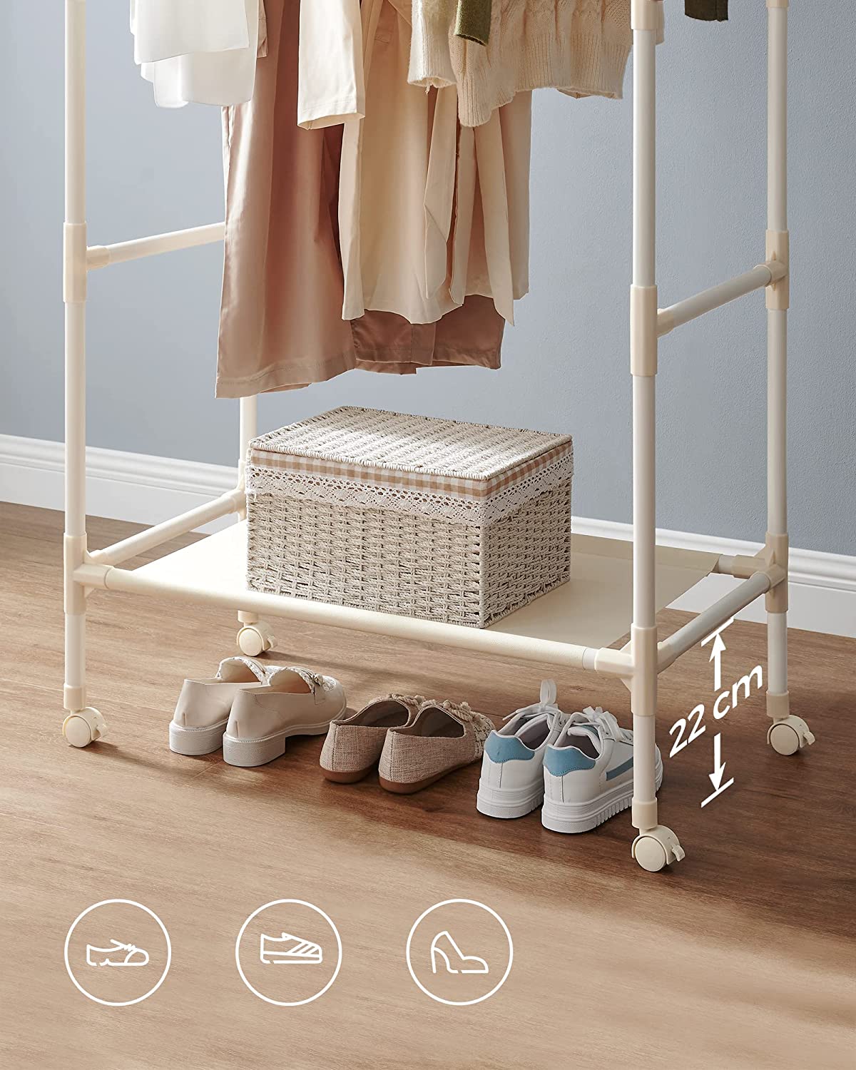 Metal Clothes Rack with 2 Clothes Rails, 1 Shelf, 4 Wheels, Maximum Load 55 kg, Easy Assembly, White