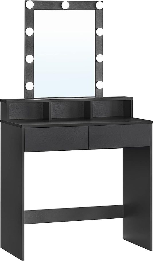 Dressing Table, LED Lights with Adjustable Brightness, Makeup Table with Mirror, 2 Drawers and 3 Compartments, Modern, Black