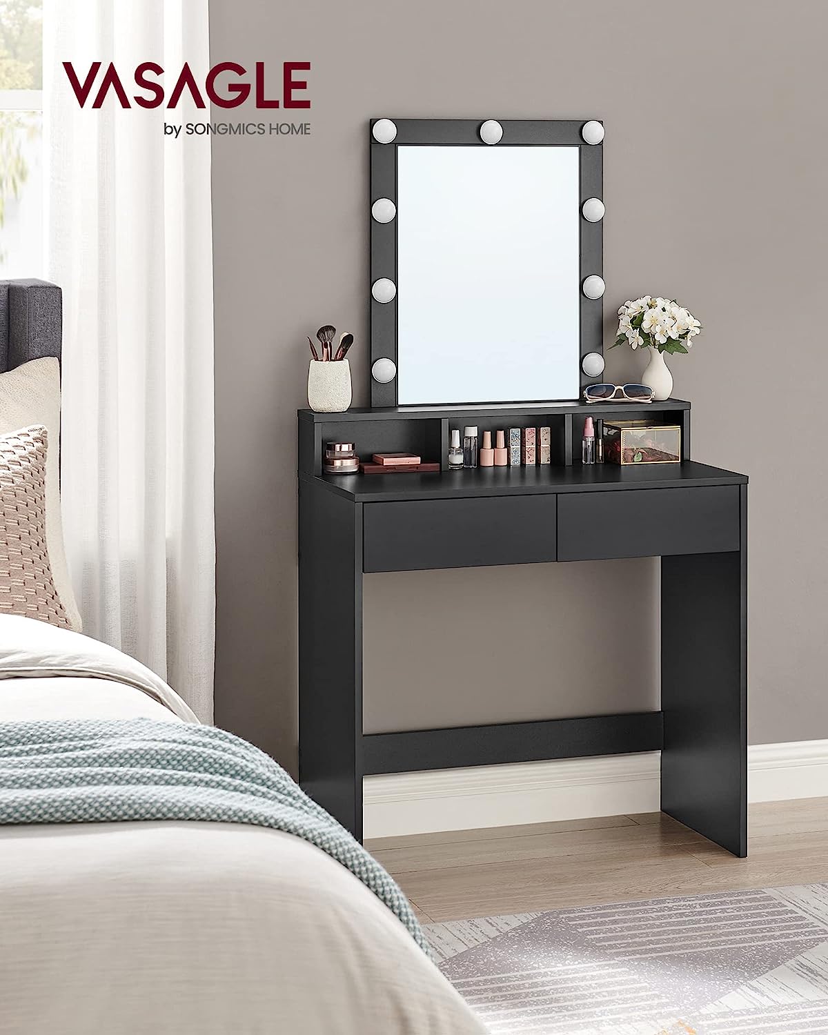 Dressing Table, LED Lights with Adjustable Brightness, Makeup Table with Mirror, 2 Drawers and 3 Compartments, Modern, Black