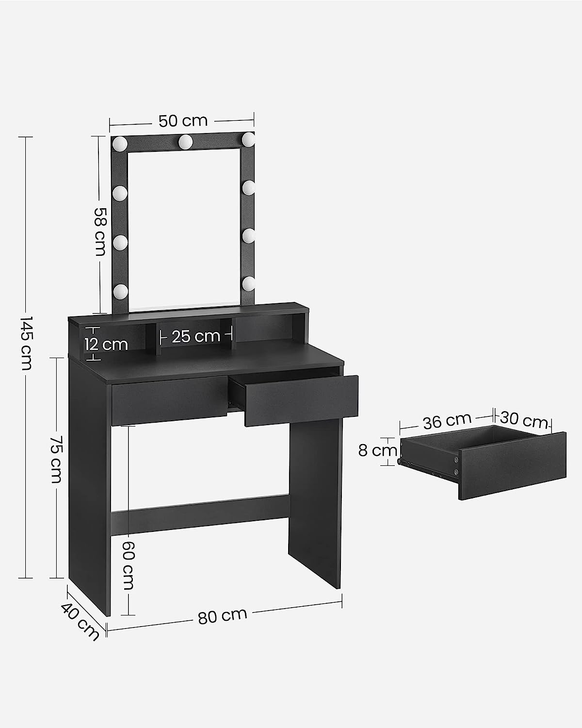 Dressing Table, LED Lights with Adjustable Brightness, Makeup Table with Mirror, 2 Drawers and 3 Compartments, Modern, Black