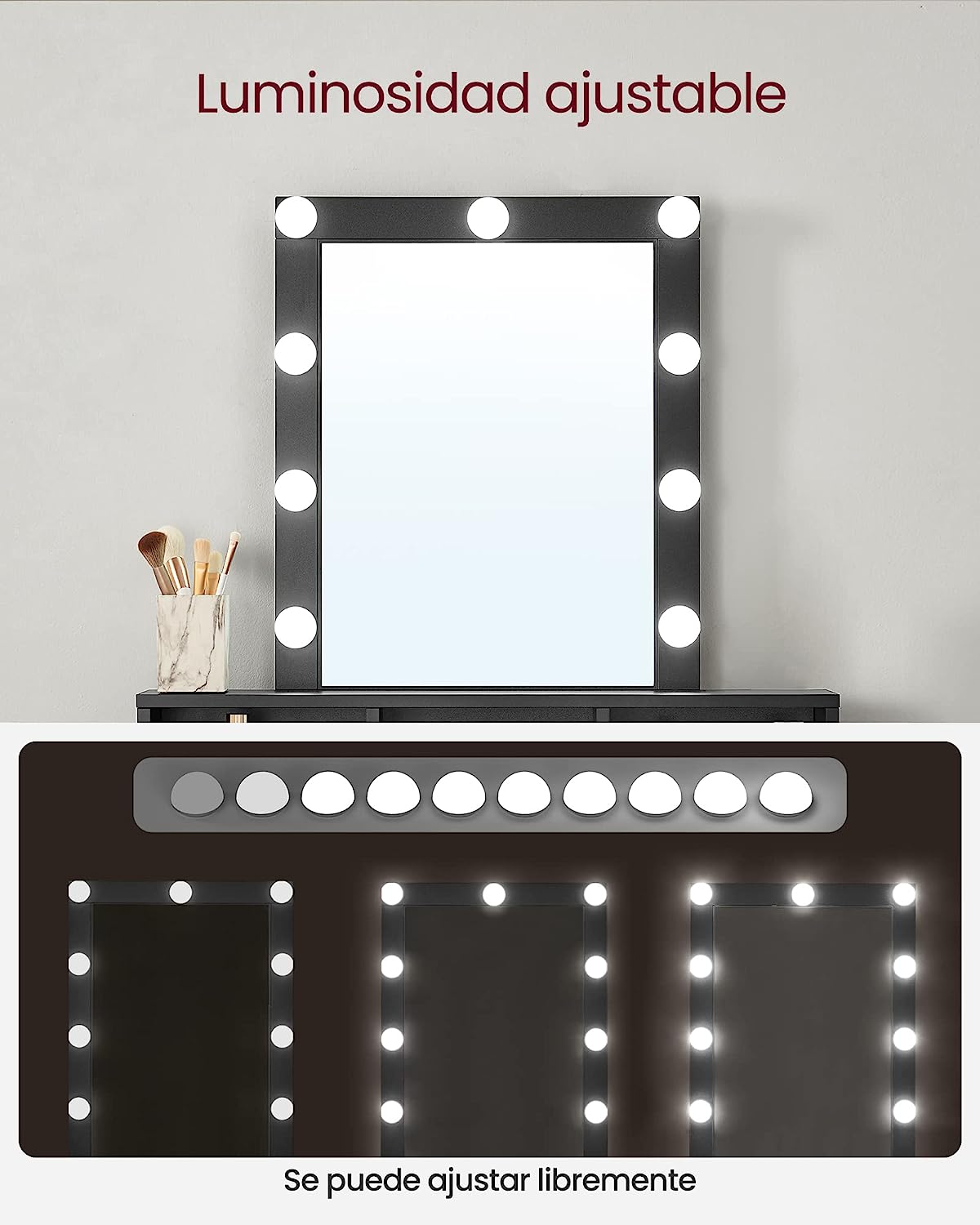 Dressing Table, LED Lights with Adjustable Brightness, Makeup Table with Mirror, 2 Drawers and 3 Compartments, Modern, Black