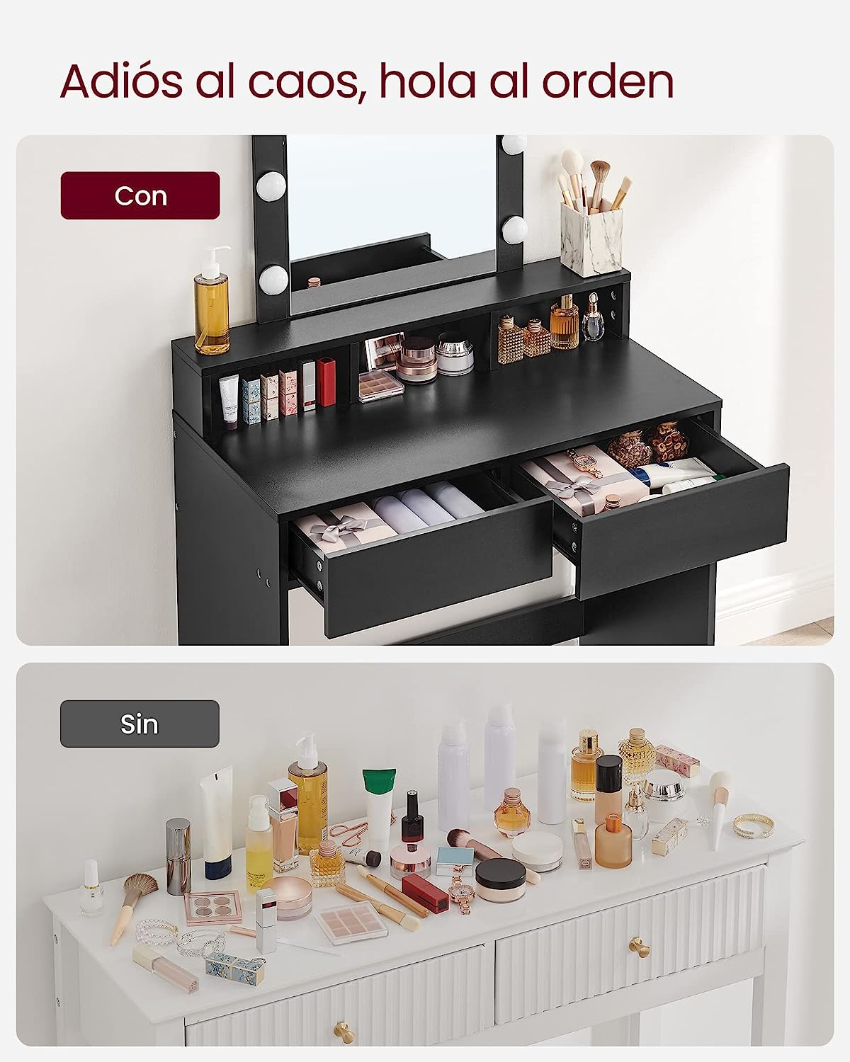 Dressing Table, LED Lights with Adjustable Brightness, Makeup Table with Mirror, 2 Drawers and 3 Compartments, Modern, Black