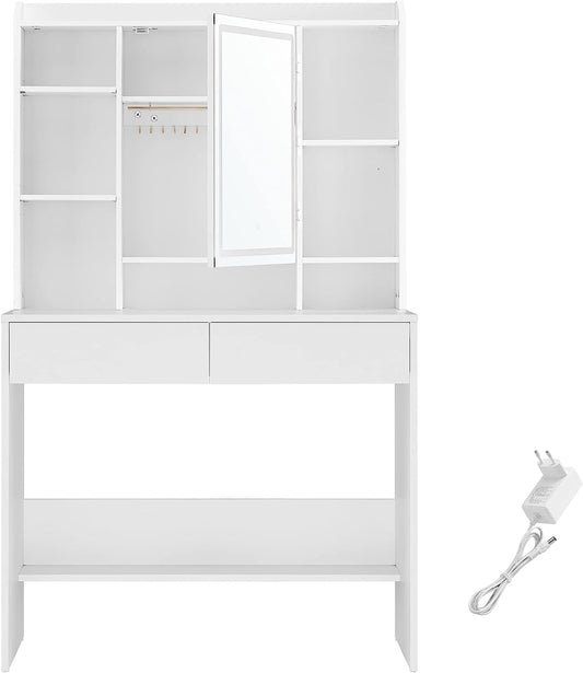 Dressing Table with LED Lighting, 3 Colours with Adjustable Brightness, Dressing Table with Mirror for Makeup, Cosmetic Table with Adjustable Shelves, 2 Drawers, Modern, White