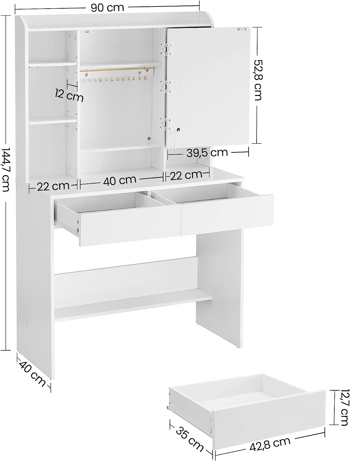 Dressing Table with LED Lighting, 3 Colours with Adjustable Brightness, Dressing Table with Mirror for Makeup, Cosmetic Table with Adjustable Shelves, 2 Drawers, Modern, White