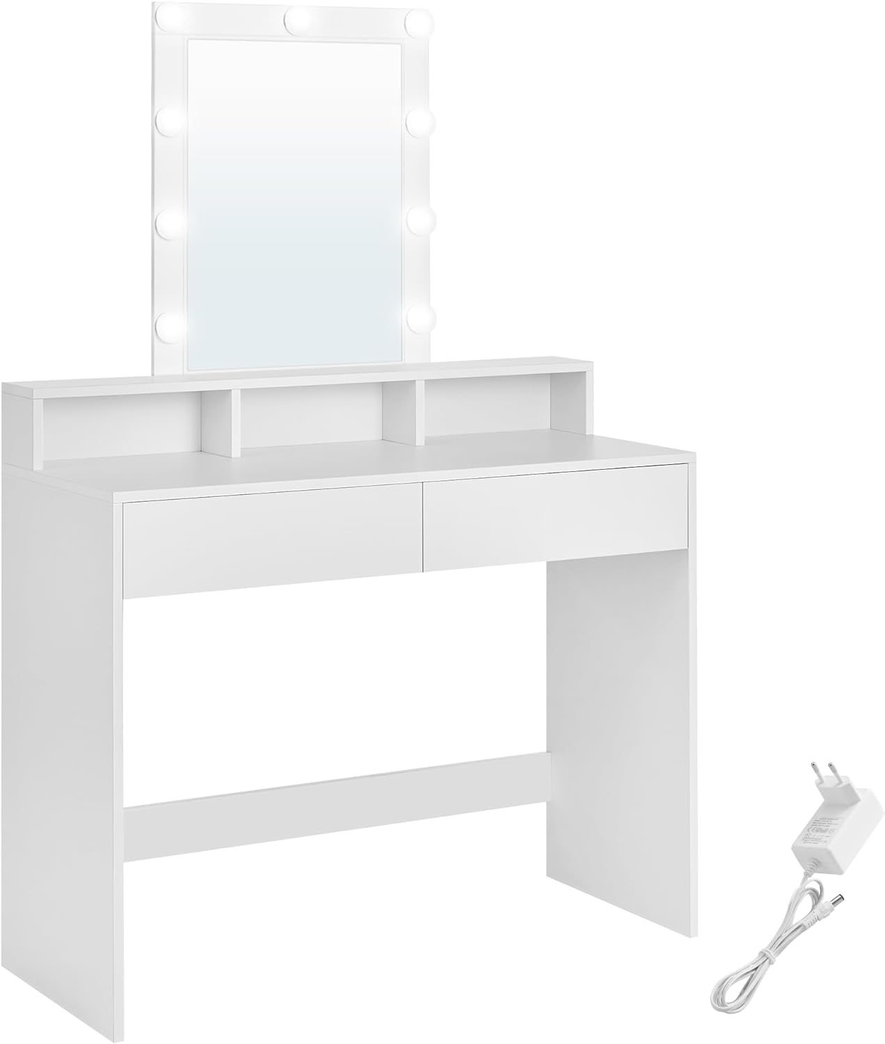 Dressing Table, LED Light with Adjustable Brightness, Makeup Table with Mirror, 2 Drawers and 3 Compartments, Makeup Station, Modern, White