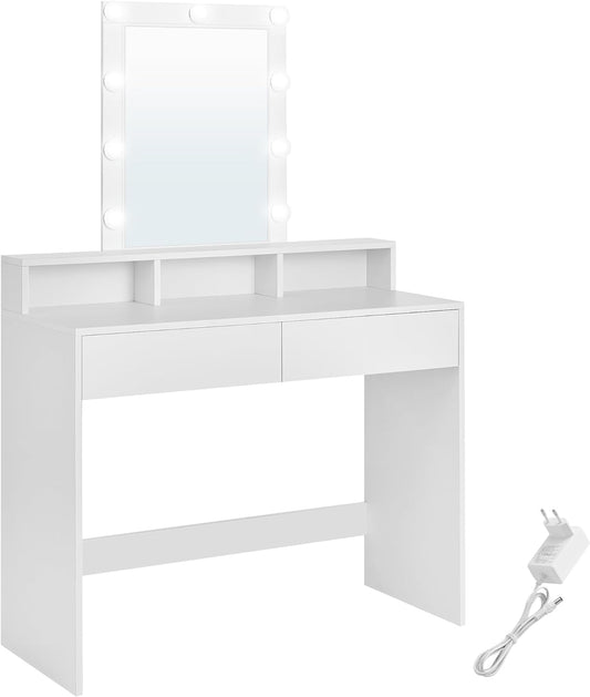 Dressing Table, LED Light with Adjustable Brightness, Makeup Table with Mirror, 2 Drawers and 3 Compartments, Makeup Station, Modern, White