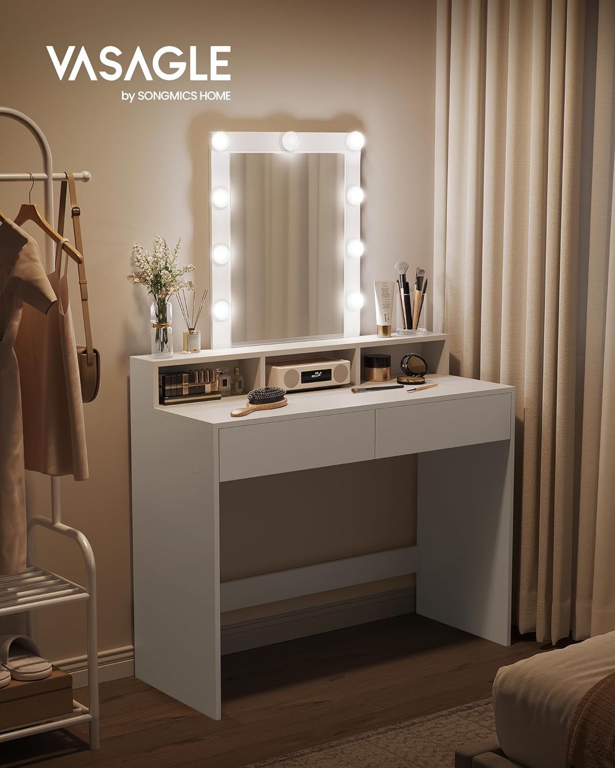 Dressing Table, LED Light with Adjustable Brightness, Makeup Table with Mirror, 2 Drawers and 3 Compartments, Makeup Station, Modern, White