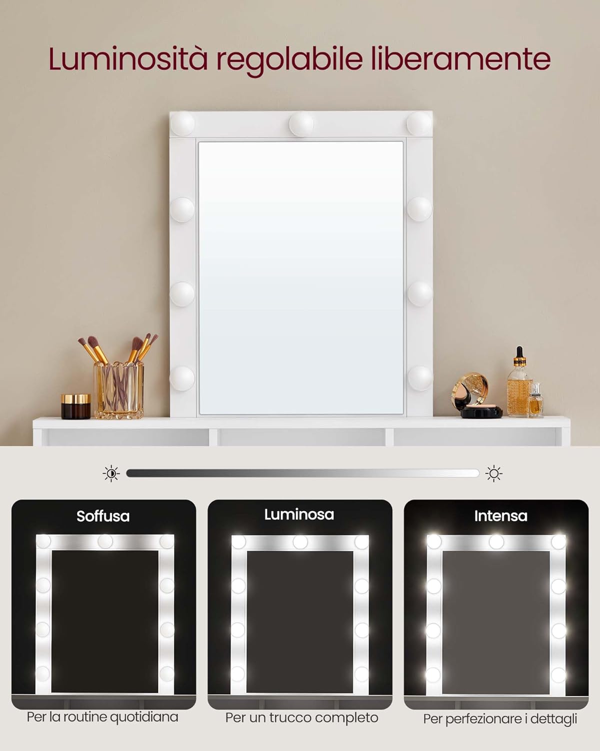 Dressing Table, LED Light with Adjustable Brightness, Makeup Table with Mirror, 2 Drawers and 3 Compartments, Makeup Station, Modern, White