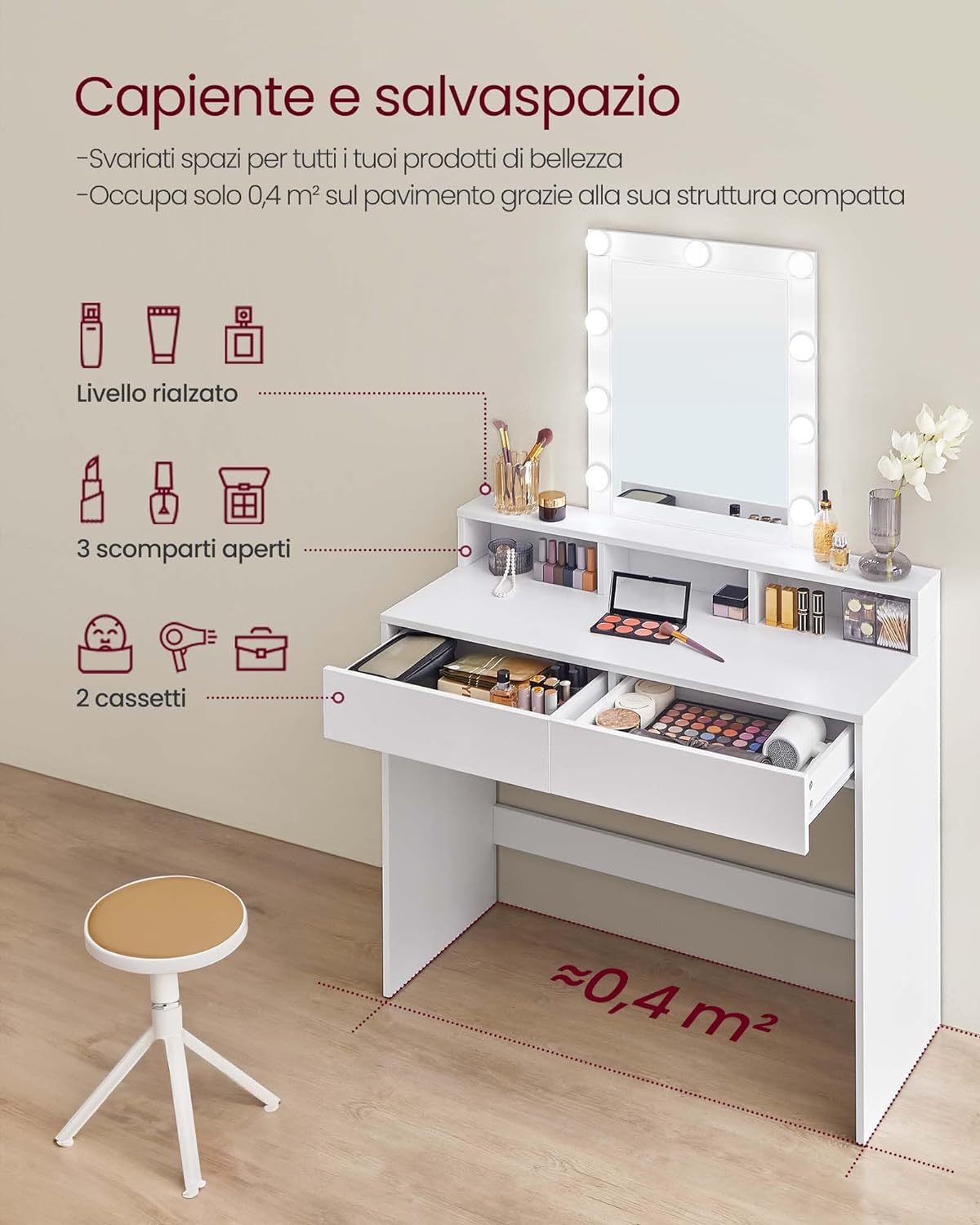 Dressing Table, LED Light with Adjustable Brightness, Makeup Table with Mirror, 2 Drawers and 3 Compartments, Makeup Station, Modern, White