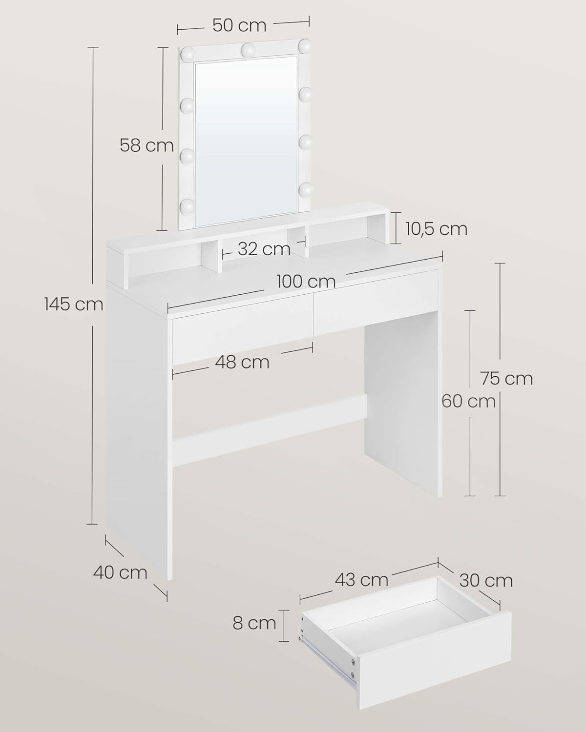 Dressing Table, LED Light with Adjustable Brightness, Makeup Table with Mirror, 2 Drawers and 3 Compartments, Makeup Station, Modern, White