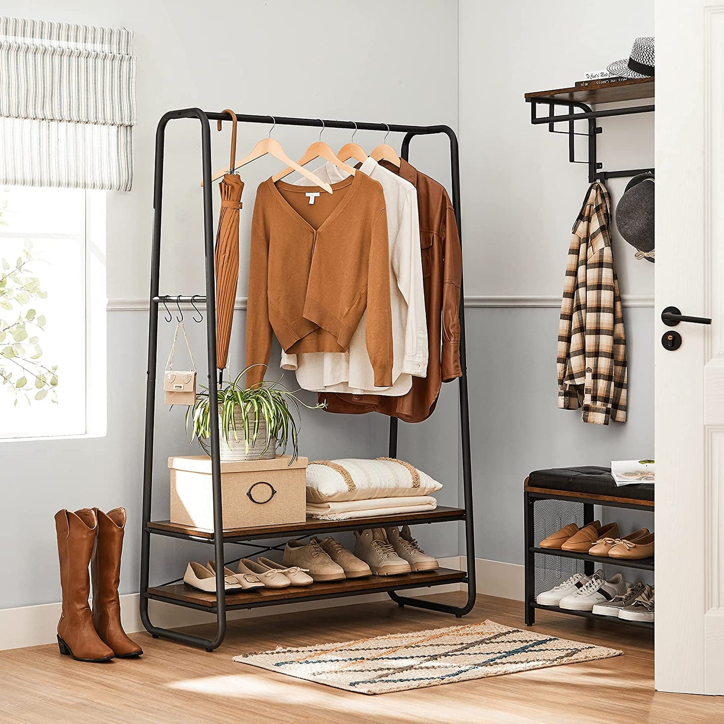 Clothes Rail, Heavy-Duty Clothes Rack with 2 Shelves, 6 S-Hooks, and Steel Frame for Bedroom, Industrial, Rustic Brown and Black